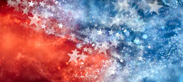 Red, white, and blue abstract background with sparkling stars. USA background wallpaper for 4th of July, Memorial Day, Veteran's Day, or other patriotic celebration.