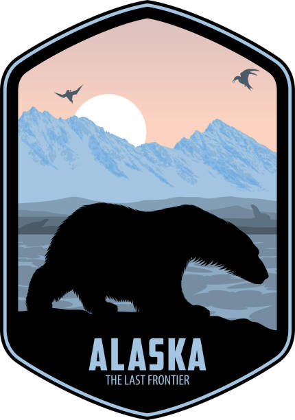 ilustrações, clipart, desenhos animados e ícones de etiqueta vetorial do alasca com urso polar, foca e gaivotas - rio yukon