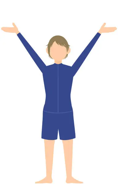 Vector illustration of Genderless student, in Genderless swimsuit,Hailing gesture with outstretched arms