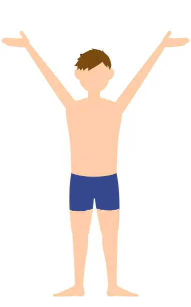 Vector illustration of Boy student, in swimsuit,Hailing gesture with outstretched arms
