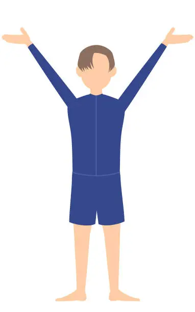 Vector illustration of Genderless student, in Genderless swimsuit,Hailing gesture with outstretched arms