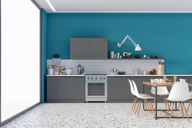 istock Modern kitchen and dining room 70's retro style 1402953159