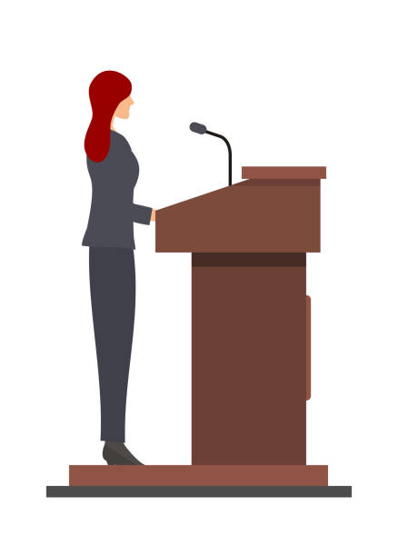 Female speaker giving speech on a podium. Side view. Simple flat illustration. simple illustration of a female speaker standing and giving speech on a podium. governor stock illustrations