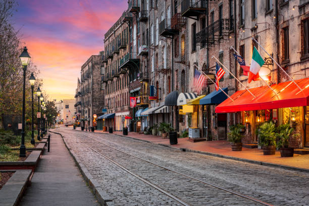 savannah, géorgie, etats-unis bars et restaurants sur river street - townscape land natural land state landscape photos et images de collection