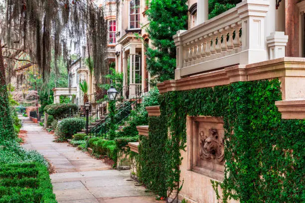 Savannah, Georgia, USA historic downtown sidewalks and rowhouses.
