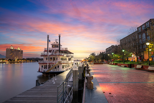 Savannah, Georgia, USA on the riverfront at dawn.