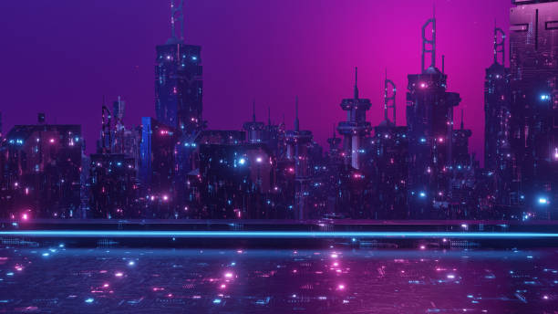 istock Cyberpunk Futuristic Glowing Neon Town Wallpaper Background 3d Render 1402957020
