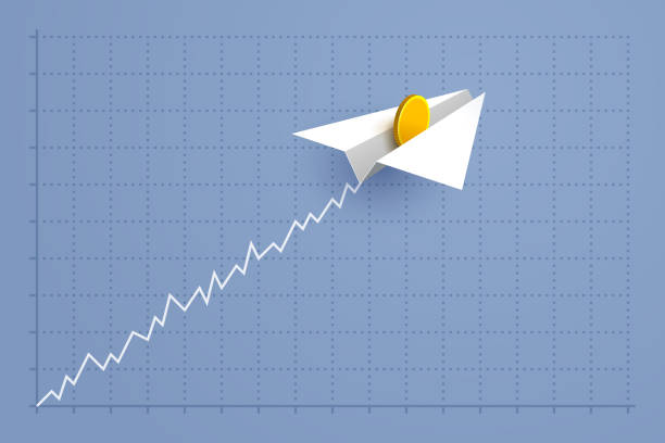 illustrazioni stock, clip art, cartoni animati e icone di tendenza di aeroplano di carta con moneta d'oro sta sorvolando la griglia del grafico aziendale - tax graph financial report finance