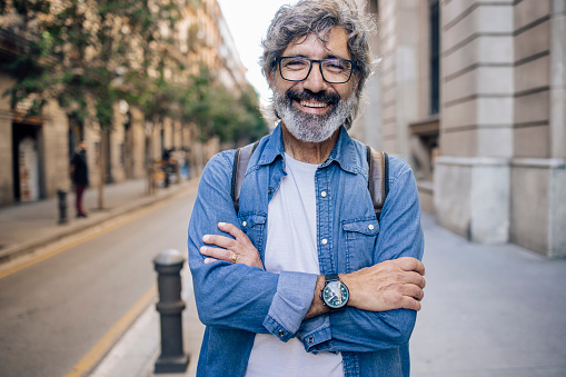 Portrait of a mature tourist in Barcelona.