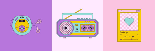 Music Set 90's in Pop Art Style. Vector Illustration CD Player, Boombox, Player Template for Stickers, Social Media Music Set 90's in Pop Art Style. Vector Illustration CD Player, Boombox, Player Template for Stickers, Prints, Patches and Social Media in Colorful Violet and Pink Background radio borders stock illustrations