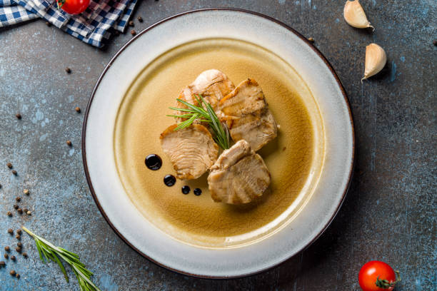 istock Turkey sliced steak on plate top view 1402968229