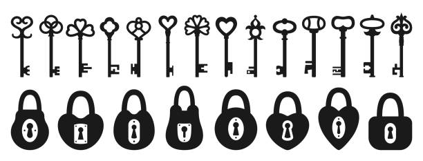 ilustrações, clipart, desenhos animados e ícones de ícone da silhueta lock and key antigo padlock segurança de segurança vintage símbolo de acesso privado - lock padlock steel closing