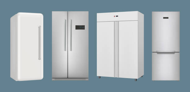 istock Realistic refrigerators. Kitchen household equipment for modern interior frozen wardrobe with closed and opening doors decent vector pictures set 1402968775