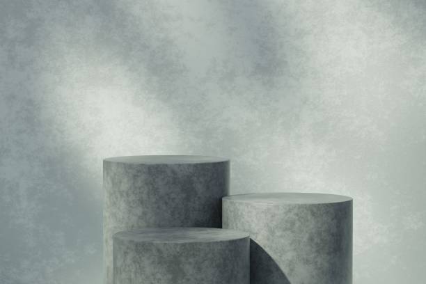 istock Abstract geometric composition with branch and shadow on the wall, Natural stone step pedestal. 3D render. Mock up for exhibitions. 1402972444