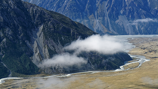 Tasman river in the hooker Valley, viewed from Sealy Tarns Viewpoint. Aoraki/Mount Cook National Park, south island, Aotearoa / New Zealand.