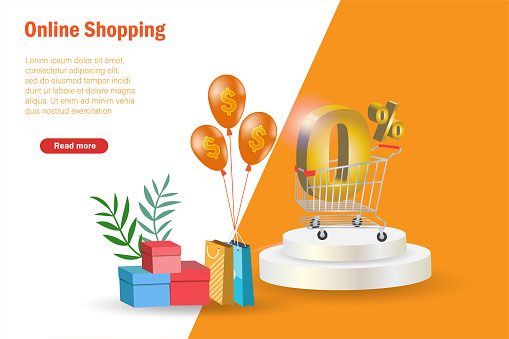 Online shopping. 0% interest fee in shopping cart trolley with flying money. Template, banner, poster for promotion in online store. Isolated in orange background.