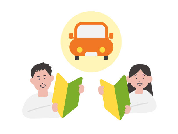 illustration des mannes und der frau eines unerfahrenen fahrers und eines autos - teenager white background male facial expression stock-grafiken, -clipart, -cartoons und -symbole