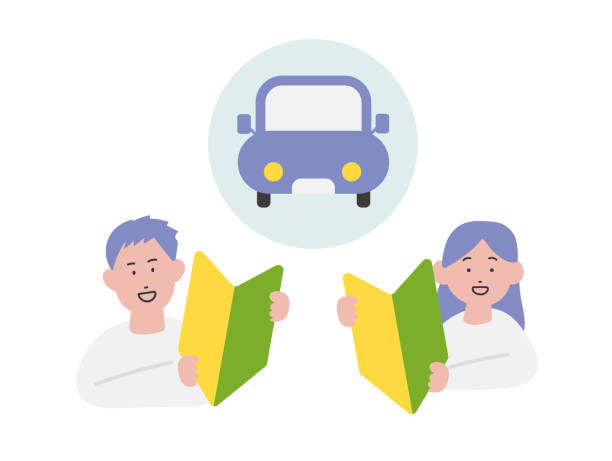 illustration des mannes und der frau eines unerfahrenen fahrers und eines autos - teenager white background male facial expression stock-grafiken, -clipart, -cartoons und -symbole