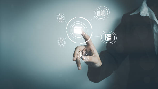 istock Business woman use finger touch screen folder manage file,online data management,Document Management System DMS,access to document file with security,structure design document,ERP enterprise 1402977019