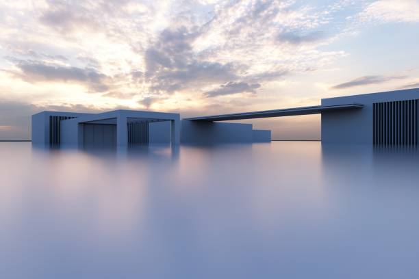 istock 3d render of futuristic architecture background with empty concrete floor, car presentation. 1402977887