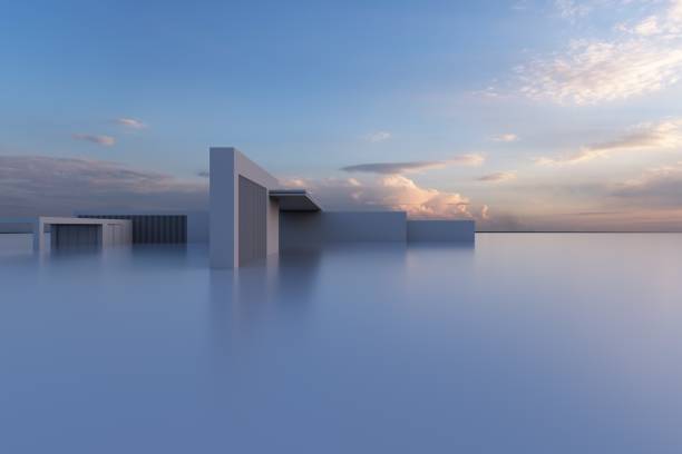 istock 3d render of futuristic architecture background with empty concrete floor, car presentation. 1402977888
