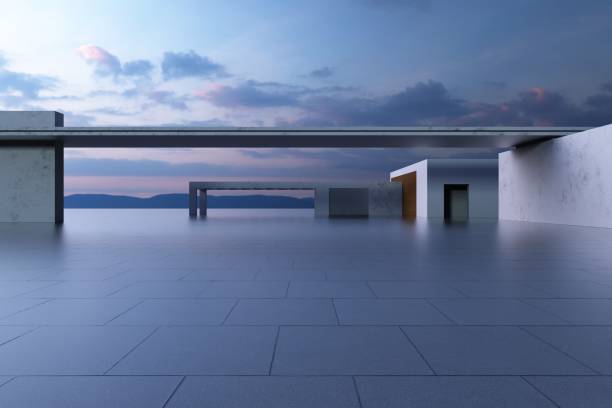 istock 3d render of futuristic architecture background with empty concrete floor, car presentation. 1402977892