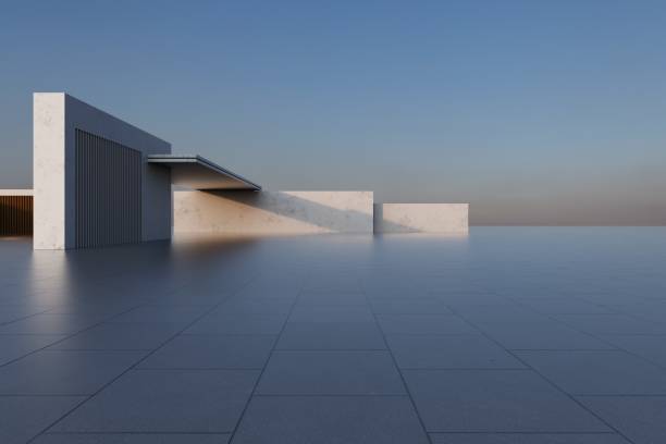 istock 3d render of futuristic architecture background with empty concrete floor, car presentation. 1402977905