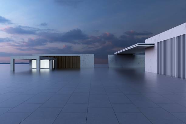 istock 3d render of futuristic architecture background with empty concrete floor, car presentation. 1402977907