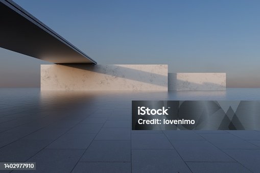 istock 3d render of futuristic architecture background with empty concrete floor, car presentation. 1402977910