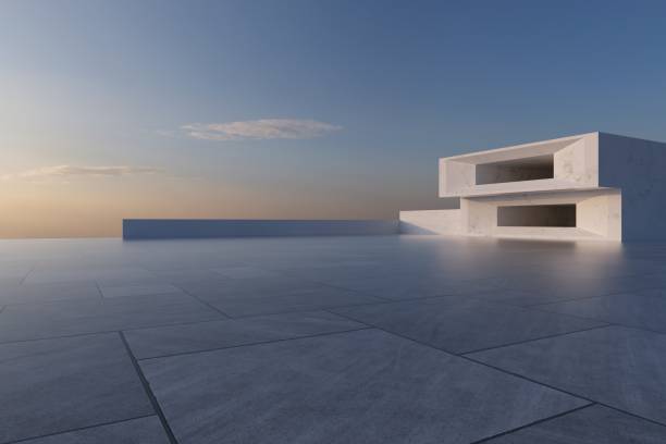 istock 3d render of futuristic architecture background with empty concrete floor, car presentation. 1402977920