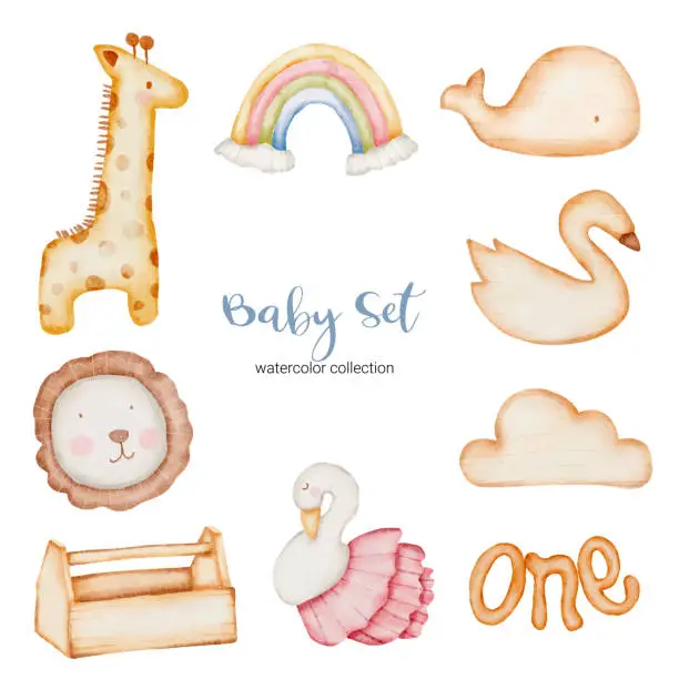 Vector illustration of Set of beautiful separate parts of clothes, baby items and toy in water colors