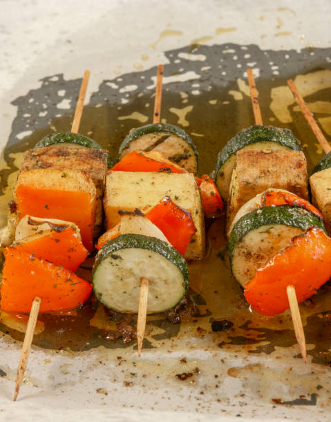 istock Vegetarian kebab with tofu cheese. Organic vegetable skewers. 1402979708