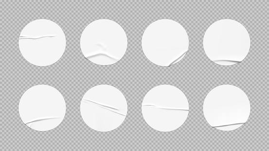 Vector collection of blank crumpled round labels on transparent background. Carefully layered and grouped for easy editing.