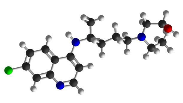 idrossiclorochina struttura molecolare 3d isolata su fondo bianco chimica molecola atomo - hydrogen bonding foto e immagini stock