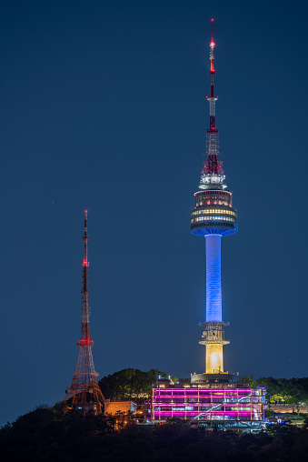 Namsan Tower in Yongsan, Seoul, South Korea at night, illuminated in colors of Ukranian flag on May 3, 2022