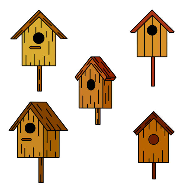 vogelhaus aus holz. haus für vogel. hausgemachtes nest für tiere. skizzen-cartoon-illustration - birdhouse animal nest house residential structure stock-grafiken, -clipart, -cartoons und -symbole