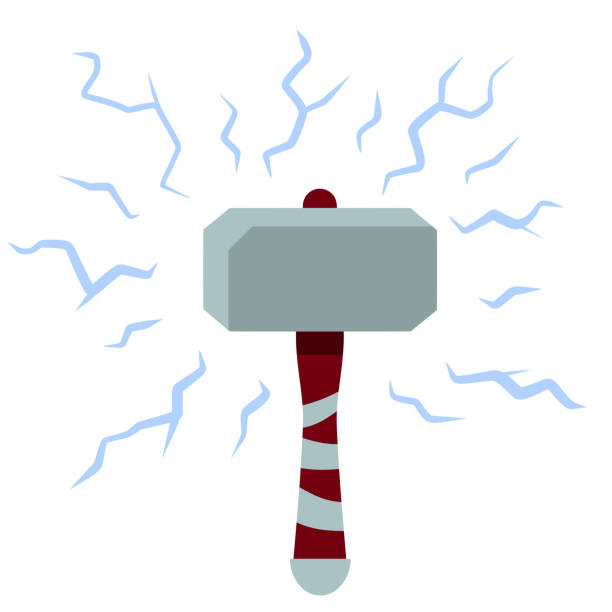 illustrazioni stock, clip art, cartoni animati e icone di tendenza di thor martello. arma di dio. mitologia norrena. simbolo del potere del fulmine blu. icona del cartone animato piatto. armi d'acciaio medievali - thunderstorm hammer scandinavian culture god