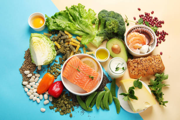 istock Pescatarian diet on colourful background. 1402990526
