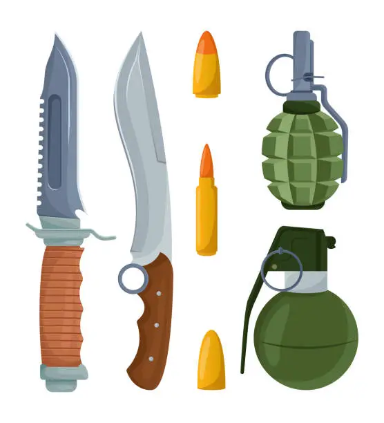 Vector illustration of Sharp knives, bullets and grenades cartoon illustration set