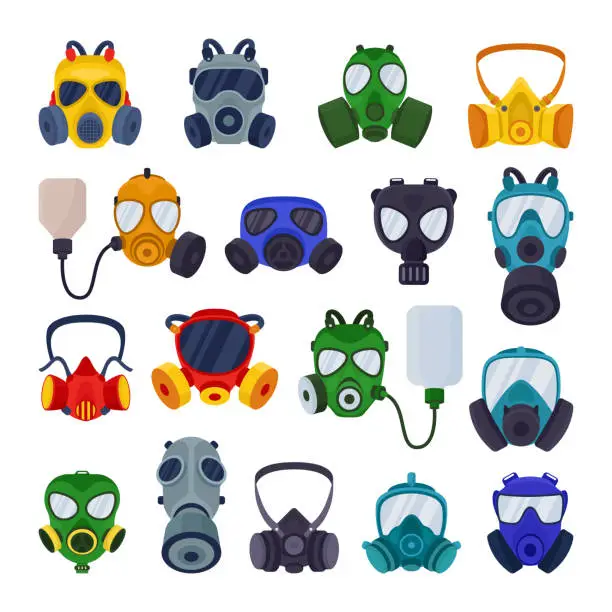 Vector illustration of Colorful gas masks cartoon illustration set