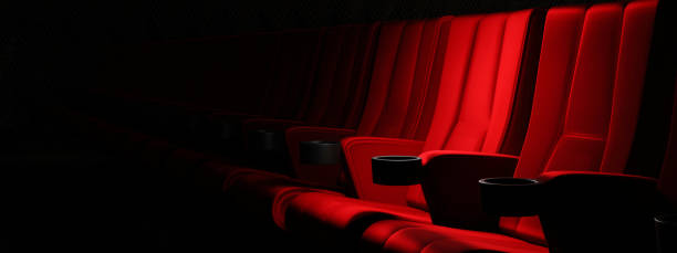 rangées de sièges en velours rouge regardant des films dans le cinéma avec un fond de bannière d’espace de copie. concept de divertissement et de théâtre. rendu d’illustrations 3d - industrie du théâtre photos et images de collection