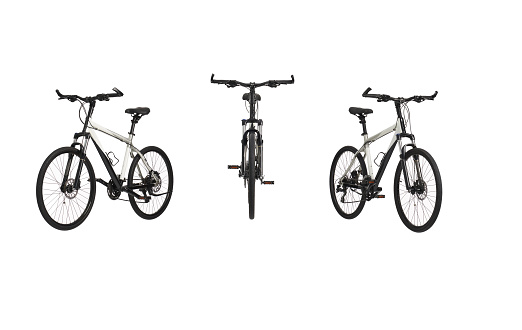 Black and white mountain bike, titanium material with 3 viewing angles: front angle and angle