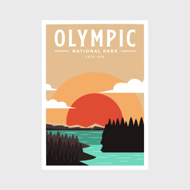 ilustraciones, imágenes clip art, dibujos animados e iconos de stock de diseño de ilustración vectorial de carteles del parque nacional olímpico - olympic national park