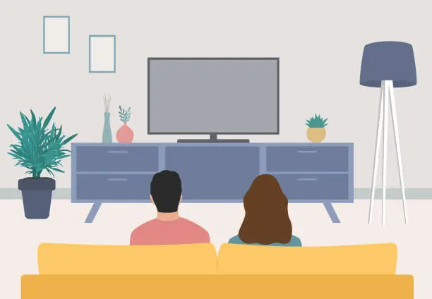 Vector illustration of Rear View Of Young Couple Sitting On Sofa And Watching Television