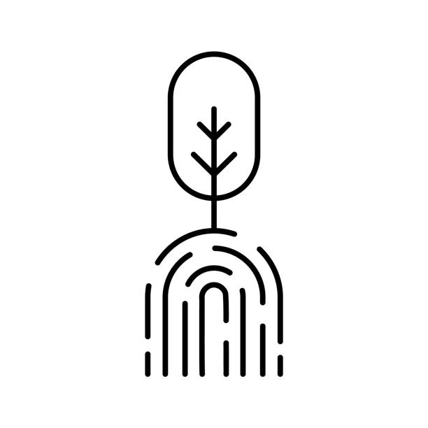 ilustraciones, imágenes clip art, dibujos animados e iconos de stock de árbol con icono de línea de raíces de huellas dactilares. concepto de huella de carbono. cero emisiones. - base