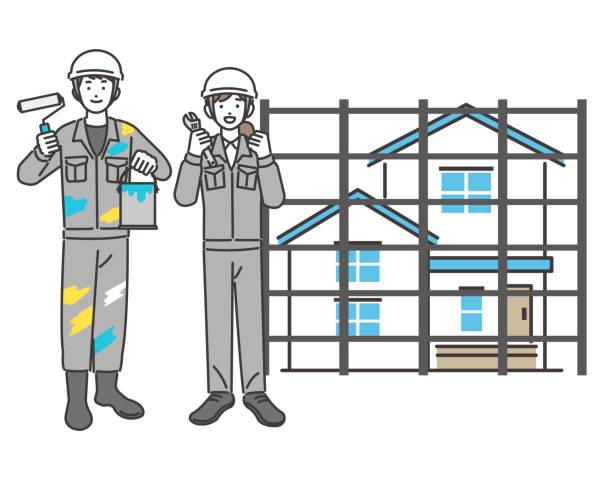remont domu i nowy materiał do ilustracji wektorowych / ikona / dom / dom - restoring scaffolding built structure home improvement stock illustrations