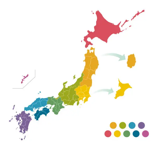 Vector illustration of Illustration of Japan map. The Japanese written in the work is a color-coded name for each region.