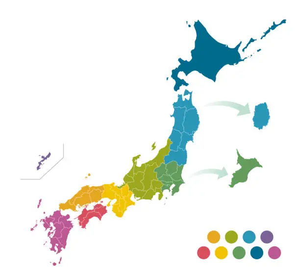 Vector illustration of Illustration of Japan map. The Japanese written in the work is a color-coded name for each region.