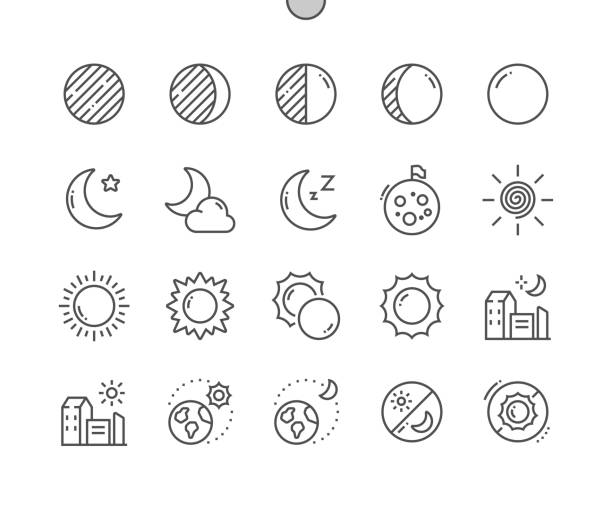 ilustraciones, imágenes clip art, dibujos animados e iconos de stock de luna y sol. eclipse. giboso menguante. día y noche. el sol orbita la tierra. iconos de línea delgada de pixel perfect vector. pictograma mínimo simple - luna creciente