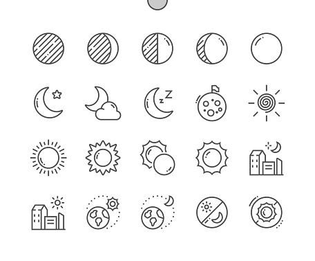 Moon and sun. Eclipse. Waning gibbous. Day and night. Sun orbits Earth. Pixel Perfect Vector Thin Line Icons. Simple Minimal Pictogram